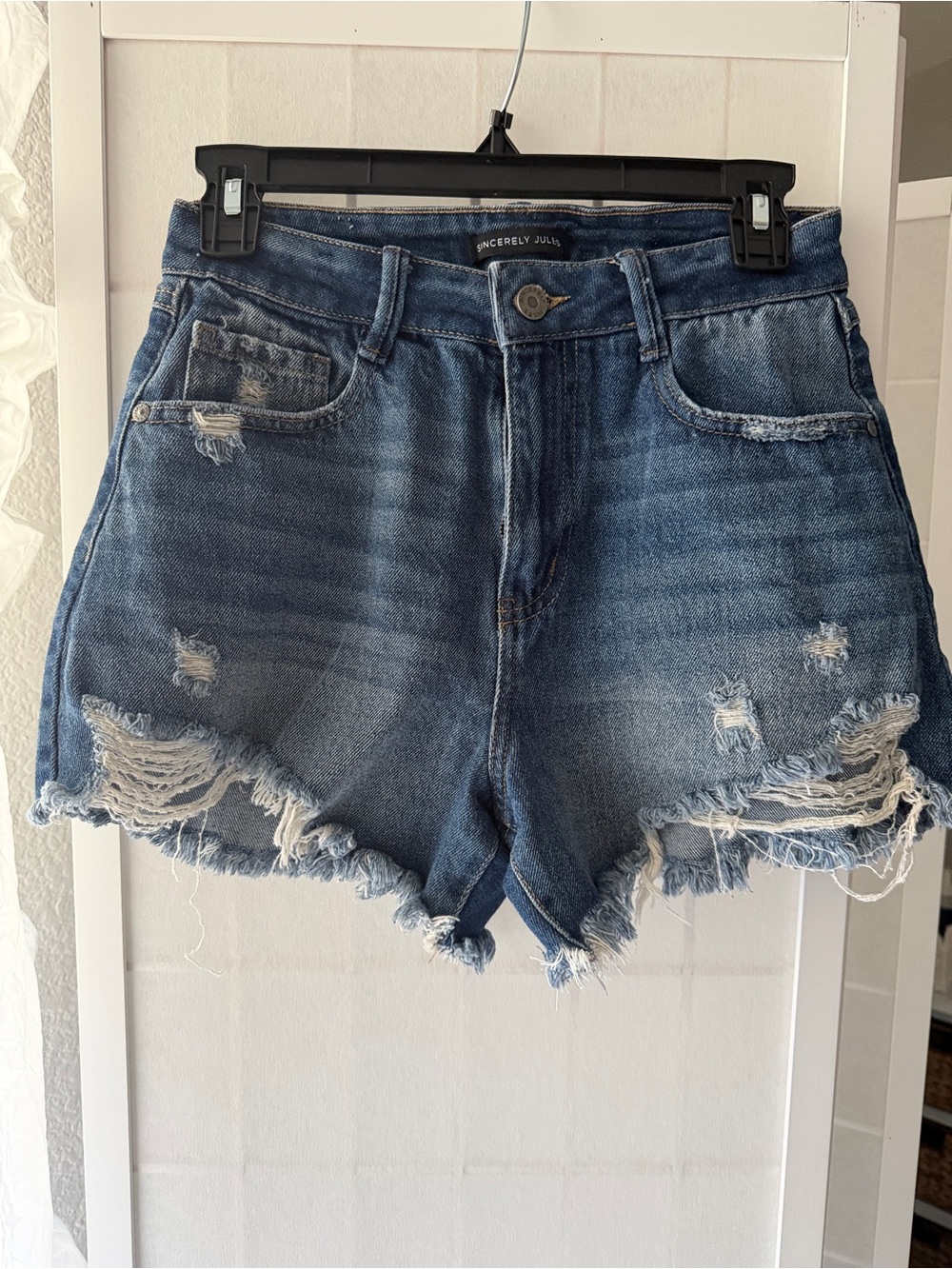 Sincerly Jules Frayed Distressed High-Rise Jean Shorts - Medium Blue